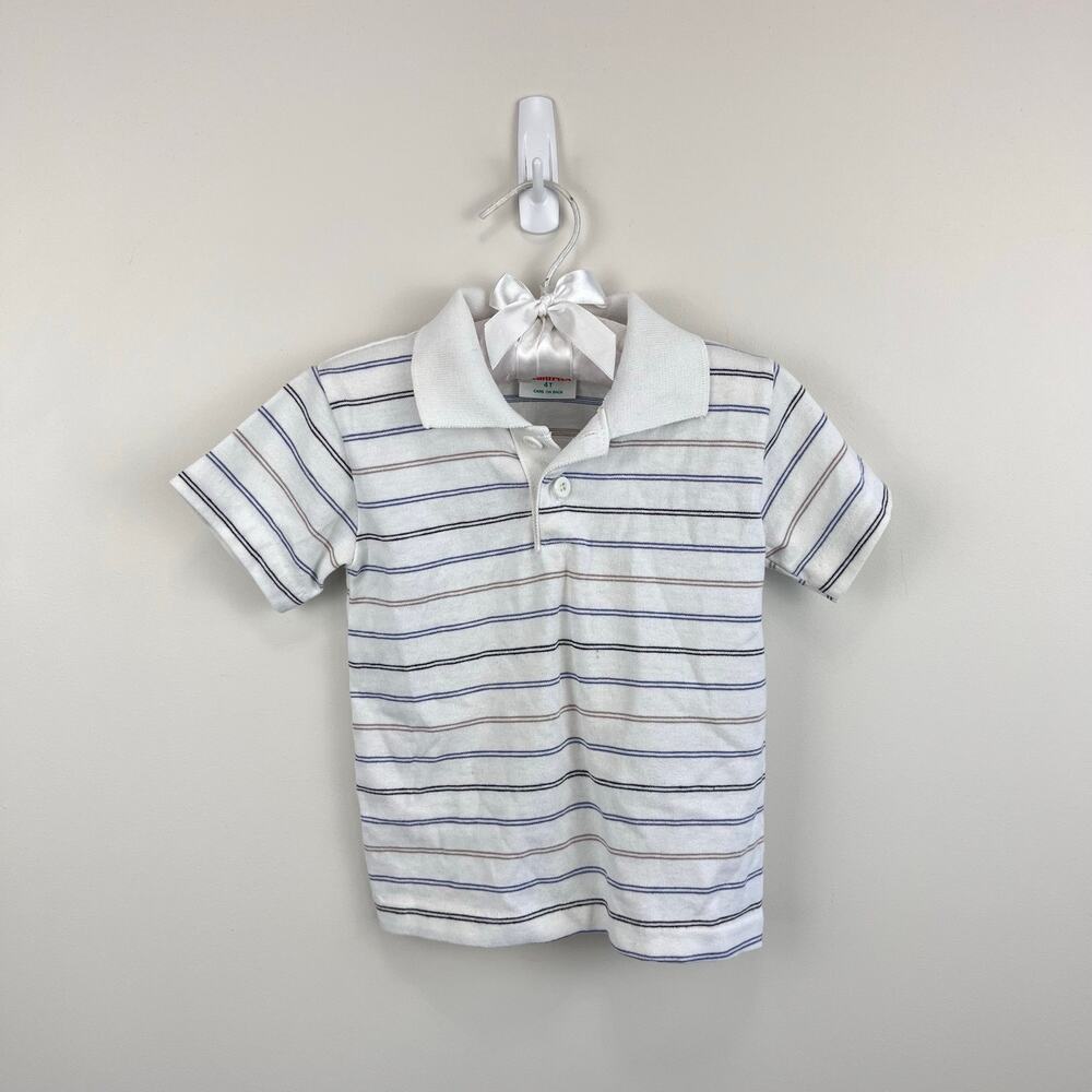 Vintage Healthtex Short Sleeve White Striped Polo Shirt 4T USA